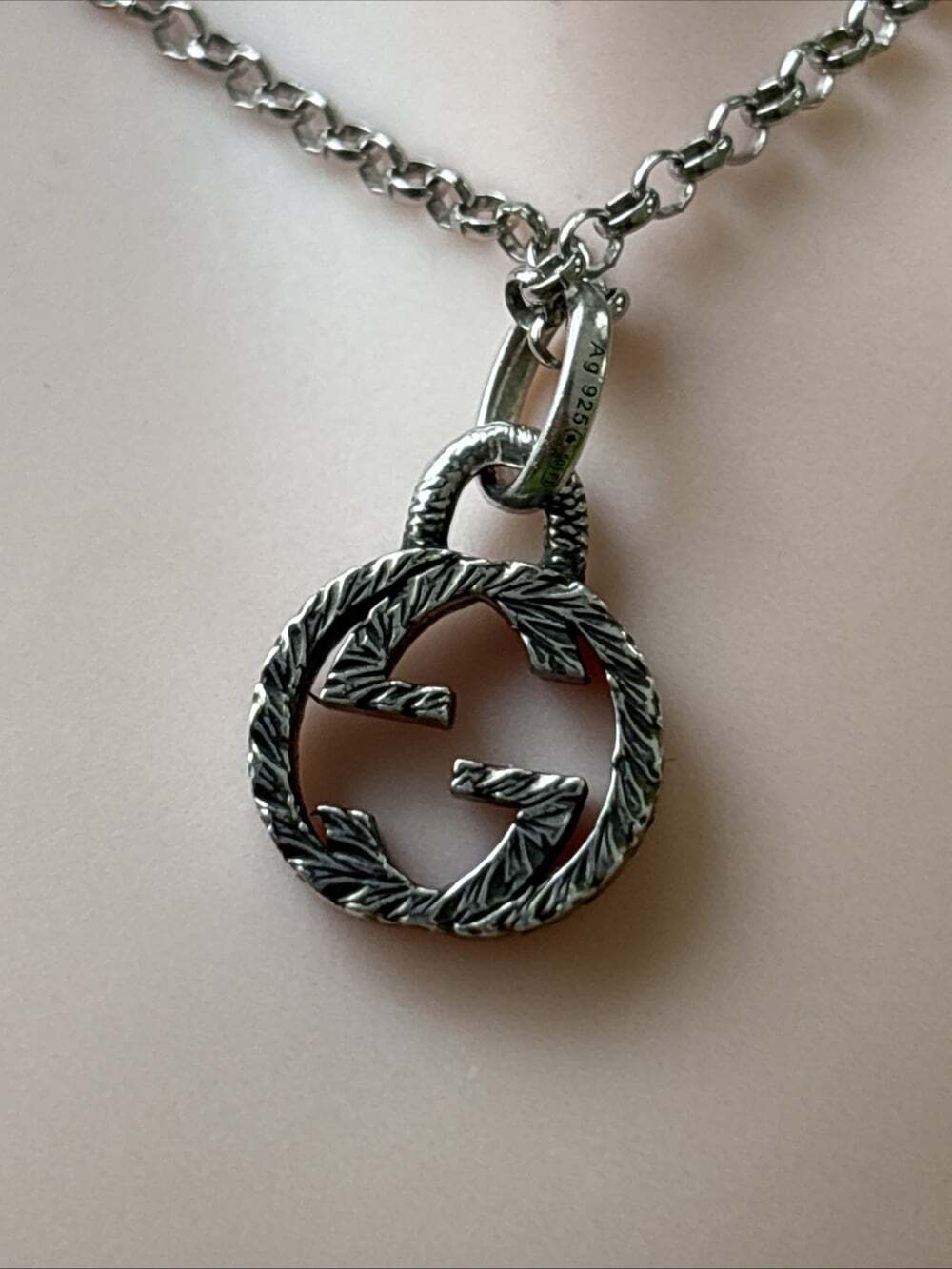 Gucci 925 Silver Interlocking Double G Logo Textured Pendant Rolo Necklace 19" - Picture 7 of 16